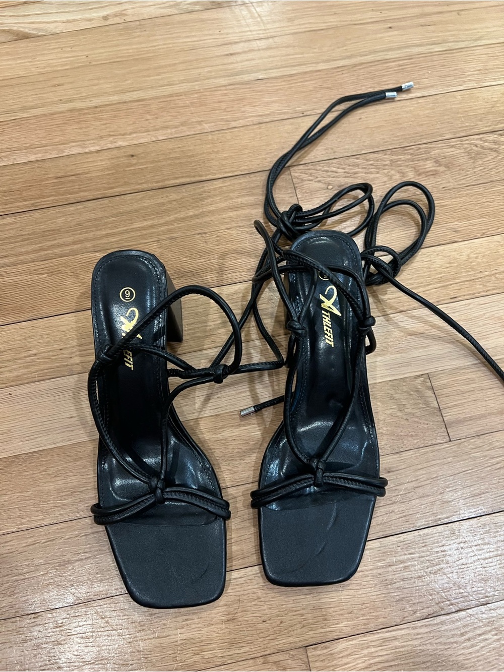 Black Lace-Up Square-Toe Heeled Sandals by Athlefit